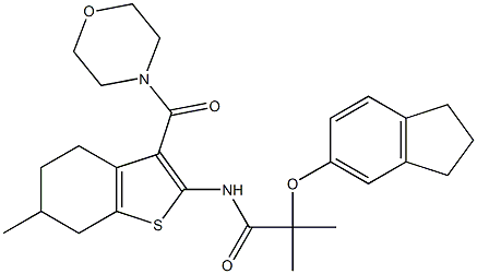 2-(2,3-dihydro-1H-inden-5-yloxy)-2-methyl-N-[6-methyl-3-(morpholine-4-carbonyl)-4,5,6,7-tetrahydro-1-benzothiophen-2-yl]propanamide Struktur