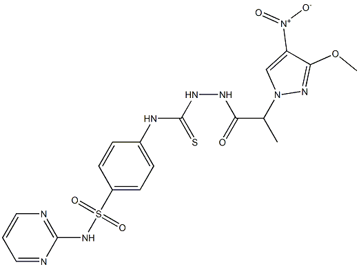 1-[2-(3-methoxy-4-nitropyrazol-1-yl)propanoylamino]-3-[4-(pyrimidin-2-ylsulfamoyl)phenyl]thiourea Struktur