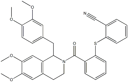 2-[2-[1-[(3,4-dimethoxyphenyl)methyl]-6,7-dimethoxy-3,4-dihydro-1H-isoquinoline-2-carbonyl]phenyl]sulfanylbenzonitrile Struktur