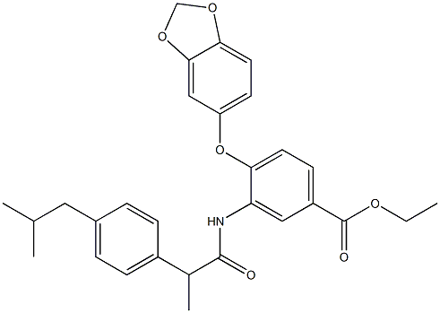 ethyl 4-(1,3-benzodioxol-5-yloxy)-3-[2-[4-(2-methylpropyl)phenyl]propanoylamino]benzoate Struktur