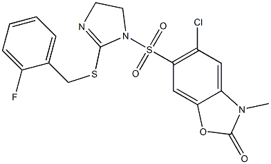 5-chloro-6-[[2-[(2-fluorophenyl)methylsulfanyl]-4,5-dihydroimidazol-1-yl]sulfonyl]-3-methyl-1,3-benzoxazol-2-one Struktur