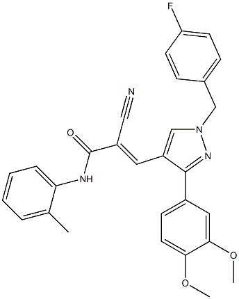 (E)-2-cyano-3-[3-(3,4-dimethoxyphenyl)-1-[(4-fluorophenyl)methyl]pyrazol-4-yl]-N-(2-methylphenyl)prop-2-enamide Struktur