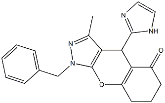 1-benzyl-4-(1H-imidazol-2-yl)-3-methyl-4,6,7,8-tetrahydrochromeno[2,3-c]pyrazol-5-one Struktur