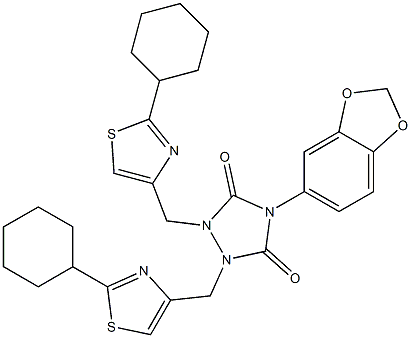 4-(1,3-benzodioxol-5-yl)-1,2-bis[(2-cyclohexyl-1,3-thiazol-4-yl)methyl]-1,2,4-triazolidine-3,5-dione Struktur