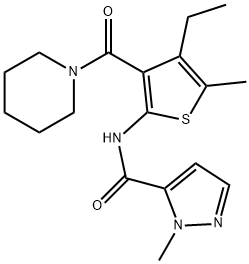 N-[4-ethyl-5-methyl-3-(piperidine-1-carbonyl)thiophen-2-yl]-2-methylpyrazole-3-carboxamide Struktur