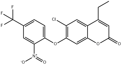 6-chloro-4-ethyl-7-[2-nitro-4-(trifluoromethyl)phenoxy]chromen-2-one Struktur