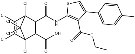 1,2,3,4,7,7-hexachloro-6-[[3-ethoxycarbonyl-4-(4-methylphenyl)thiophen-2-yl]carbamoyl]bicyclo[2.2.1]hept-2-ene-5-carboxylic acid Struktur