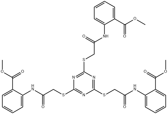 methyl 2-[[2-[[4,6-bis[[2-(2-methoxycarbonylanilino)-2-oxoethyl]sulfanyl]-1,3,5-triazin-2-yl]sulfanyl]acetyl]amino]benzoate Struktur