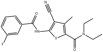 4-cyano-N,N-diethyl-5-[(3-fluorobenzoyl)amino]-3-methylthiophene-2-carboxamide Struktur