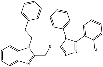 2-[[5-(2-chlorophenyl)-4-phenyl-1,2,4-triazol-3-yl]sulfanylmethyl]-1-(2-phenylethyl)benzimidazole Struktur