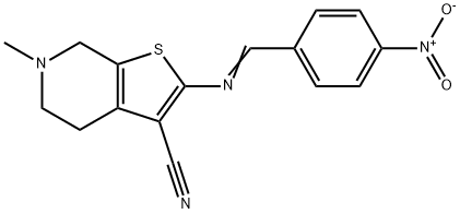 6-methyl-2-[(E)-(4-nitrophenyl)methylideneamino]-5,7-dihydro-4H-thieno[2,3-c]pyridine-3-carbonitrile Struktur