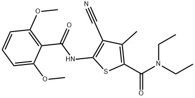 4-cyano-5-[(2,6-dimethoxybenzoyl)amino]-N,N-diethyl-3-methylthiophene-2-carboxamide Struktur