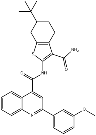 N-(6-tert-butyl-3-carbamoyl-4,5,6,7-tetrahydro-1-benzothiophen-2-yl)-2-(3-methoxyphenyl)quinoline-4-carboxamide Struktur