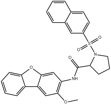 N-(2-methoxydibenzofuran-3-yl)-1-naphthalen-2-ylsulfonylpyrrolidine-2-carboxamide Struktur