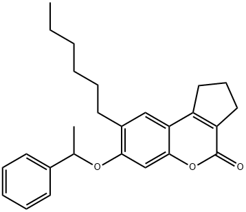 8-hexyl-7-(1-phenylethoxy)-2,3-dihydro-1H-cyclopenta[c]chromen-4-one Struktur