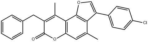 8-benzyl-3-(4-chlorophenyl)-4,9-dimethylfuro[2,3-f]chromen-7-one Struktur