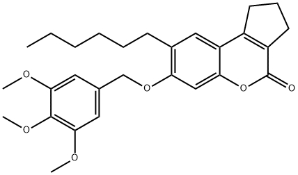 8-hexyl-7-[(3,4,5-trimethoxyphenyl)methoxy]-2,3-dihydro-1H-cyclopenta[c]chromen-4-one Struktur