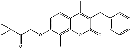 3-benzyl-7-(3,3-dimethyl-2-oxobutoxy)-4,8-dimethylchromen-2-one Struktur