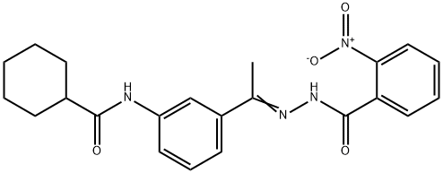 N-[(Z)-1-[3-(cyclohexanecarbonylamino)phenyl]ethylideneamino]-2-nitrobenzamide Struktur