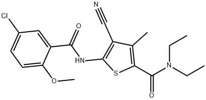 5-[(5-chloro-2-methoxybenzoyl)amino]-4-cyano-N,N-diethyl-3-methylthiophene-2-carboxamide Struktur