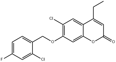 6-chloro-7-[(2-chloro-4-fluorophenyl)methoxy]-4-ethylchromen-2-one Struktur