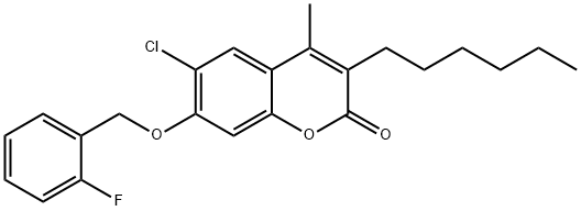 6-chloro-7-[(2-fluorophenyl)methoxy]-3-hexyl-4-methylchromen-2-one Struktur