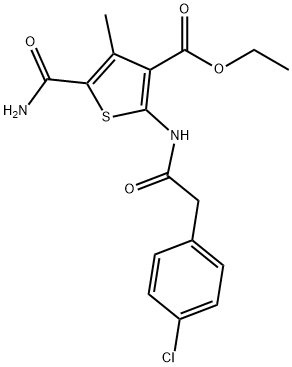 ethyl 5-carbamoyl-2-[[2-(4-chlorophenyl)acetyl]amino]-4-methylthiophene-3-carboxylate Struktur