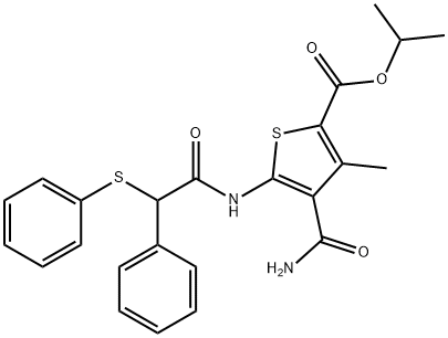 propan-2-yl 4-carbamoyl-3-methyl-5-[(2-phenyl-2-phenylsulfanylacetyl)amino]thiophene-2-carboxylate Struktur