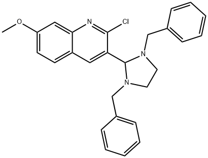 2-chloro-3-(1,3-dibenzylimidazolidin-2-yl)-7-methoxyquinoline Struktur