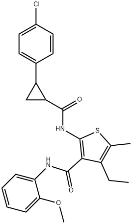 2-[[2-(4-chlorophenyl)cyclopropanecarbonyl]amino]-4-ethyl-N-(2-methoxyphenyl)-5-methylthiophene-3-carboxamide Struktur