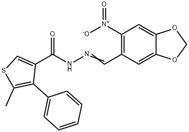 5-methyl-N-[(E)-(6-nitro-1,3-benzodioxol-5-yl)methylideneamino]-4-phenylthiophene-3-carboxamide Struktur