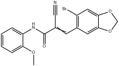 (E)-3-(6-bromo-1,3-benzodioxol-5-yl)-2-cyano-N-(2-methoxyphenyl)prop-2-enamide Struktur