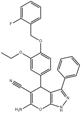 6-amino-4-[3-ethoxy-4-[(2-fluorophenyl)methoxy]phenyl]-3-phenyl-2,4-dihydropyrano[2,3-c]pyrazole-5-carbonitrile Struktur