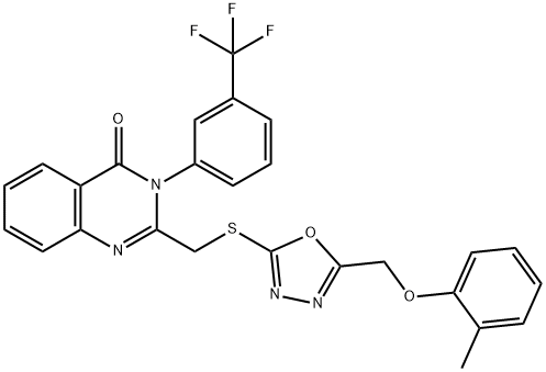 2-[[5-[(2-methylphenoxy)methyl]-1,3,4-oxadiazol-2-yl]sulfanylmethyl]-3-[3-(trifluoromethyl)phenyl]quinazolin-4-one Struktur