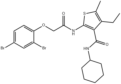 N-cyclohexyl-2-[[2-(2,4-dibromophenoxy)acetyl]amino]-4-ethyl-5-methylthiophene-3-carboxamide Struktur