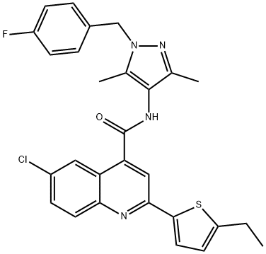 6-chloro-2-(5-ethylthiophen-2-yl)-N-[1-[(4-fluorophenyl)methyl]-3,5-dimethylpyrazol-4-yl]quinoline-4-carboxamide Struktur