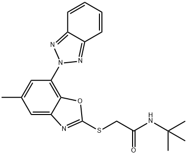 2-[[7-(benzotriazol-2-yl)-5-methyl-1,3-benzoxazol-2-yl]sulfanyl]-N-tert-butylacetamide Struktur