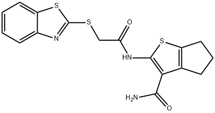 2-[[2-(1,3-benzothiazol-2-ylsulfanyl)acetyl]amino]-5,6-dihydro-4H-cyclopenta[b]thiophene-3-carboxamide Struktur