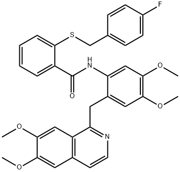 N-[2-[(6,7-dimethoxyisoquinolin-1-yl)methyl]-4,5-dimethoxyphenyl]-2-[(4-fluorophenyl)methylsulfanyl]benzamide Struktur