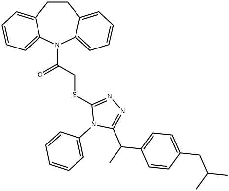 1-(5,6-dihydrobenzo[b][1]benzazepin-11-yl)-2-[[5-[1-[4-(2-methylpropyl)phenyl]ethyl]-4-phenyl-1,2,4-triazol-3-yl]sulfanyl]ethanone Struktur