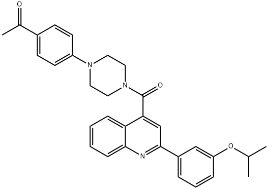 1-[4-[4-[2-(3-propan-2-yloxyphenyl)quinoline-4-carbonyl]piperazin-1-yl]phenyl]ethanone Struktur