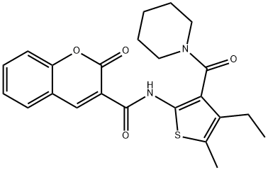 N-[4-ethyl-5-methyl-3-(piperidine-1-carbonyl)thiophen-2-yl]-2-oxochromene-3-carboxamide Struktur