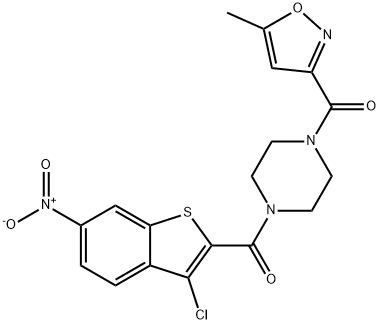 [4-(3-chloro-6-nitro-1-benzothiophene-2-carbonyl)piperazin-1-yl]-(5-methyl-1,2-oxazol-3-yl)methanone Struktur