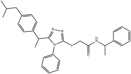 2-[[5-[1-[4-(2-methylpropyl)phenyl]ethyl]-4-phenyl-1,2,4-triazol-3-yl]sulfanyl]-N-(1-phenylethyl)acetamide Struktur