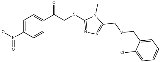 2-[[5-[(2-chlorophenyl)methylsulfanylmethyl]-4-methyl-1,2,4-triazol-3-yl]sulfanyl]-1-(4-nitrophenyl)ethanone Struktur