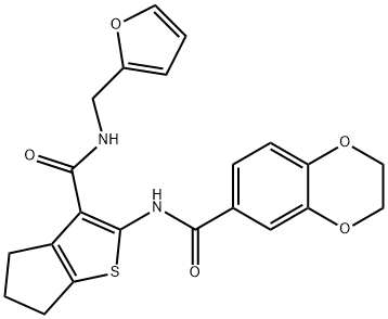 N-[3-(furan-2-ylmethylcarbamoyl)-5,6-dihydro-4H-cyclopenta[b]thiophen-2-yl]-2,3-dihydro-1,4-benzodioxine-6-carboxamide Struktur