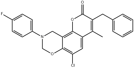 3-benzyl-6-chloro-9-(4-fluorophenyl)-4-methyl-8,10-dihydropyrano[2,3-f][1,3]benzoxazin-2-one Struktur