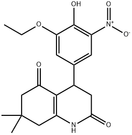 4-(3-ethoxy-4-hydroxy-5-nitrophenyl)-7,7-dimethyl-3,4,6,8-tetrahydro-1H-quinoline-2,5-dione Struktur