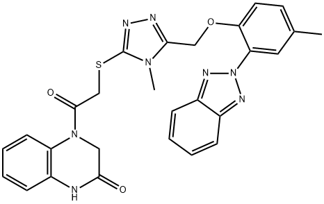 4-[2-[[5-[[2-(benzotriazol-2-yl)-4-methylphenoxy]methyl]-4-methyl-1,2,4-triazol-3-yl]sulfanyl]acetyl]-1,3-dihydroquinoxalin-2-one Struktur