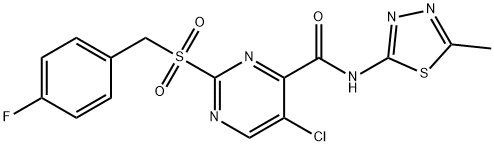 5-chloro-2-[(4-fluorophenyl)methylsulfonyl]-N-(5-methyl-1,3,4-thiadiazol-2-yl)pyrimidine-4-carboxamide Struktur